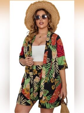 Tropical Floral Kimono and Shorts Set